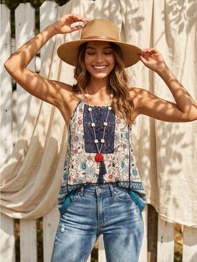 Solitaire Cream & Blue Floral Spaghetti Strap Cami